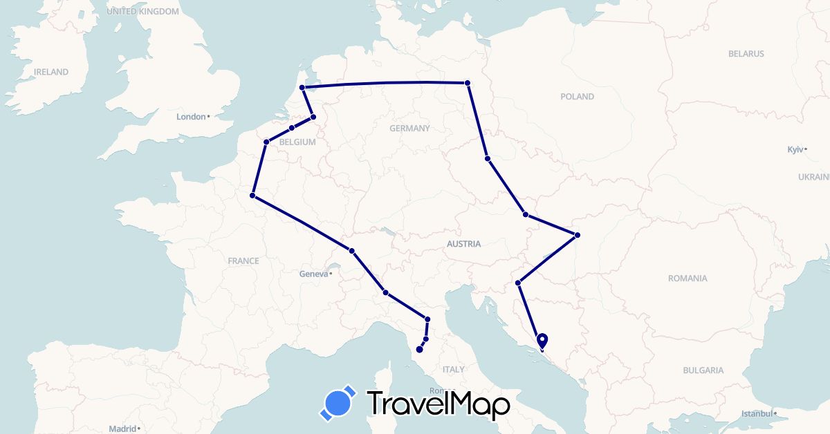 TravelMap itinerary: driving in Austria, Belgium, Switzerland, Czech Republic, Germany, France, Croatia, Hungary, Italy, Netherlands (Europe)
